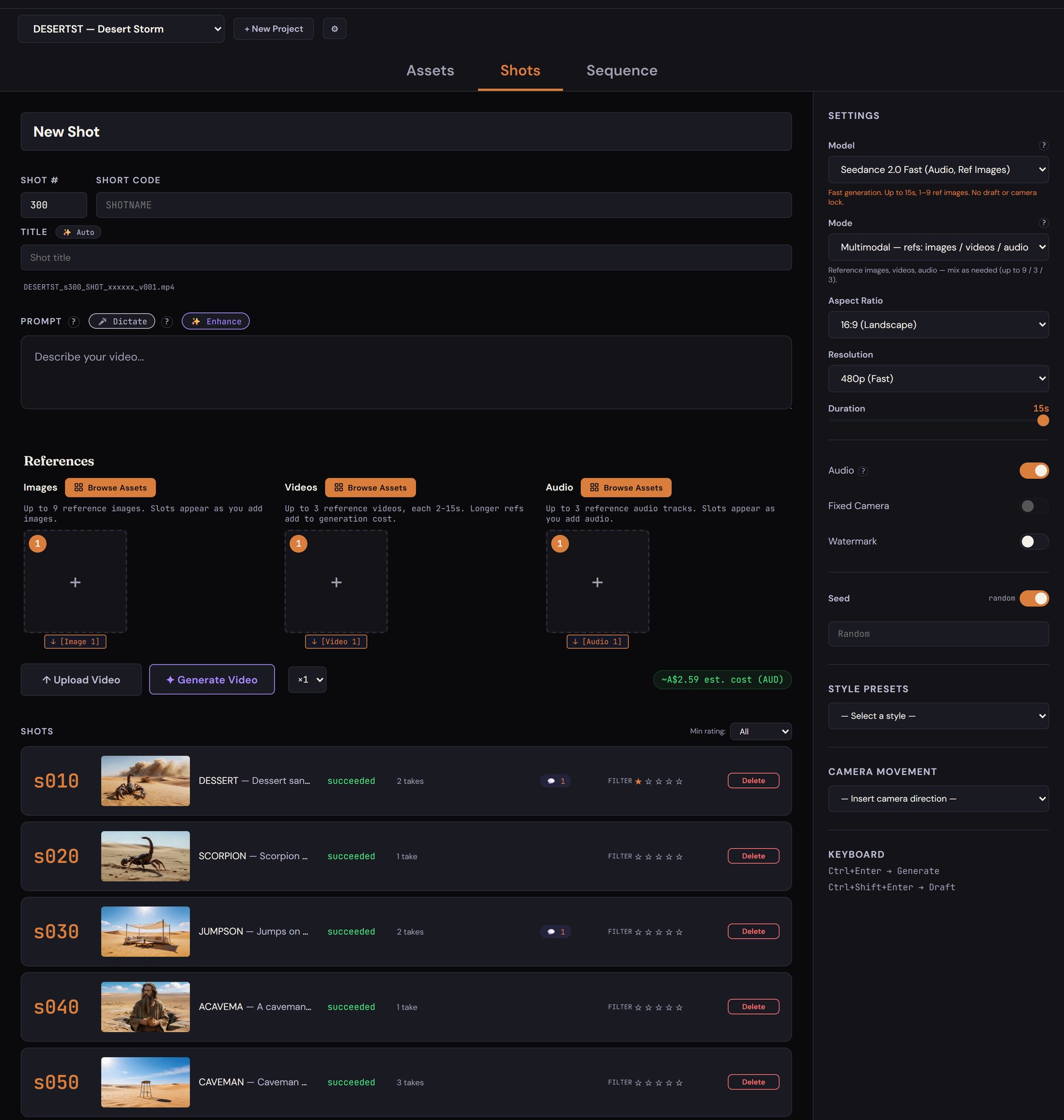 The Birdwalk main interface for generating and managing shots