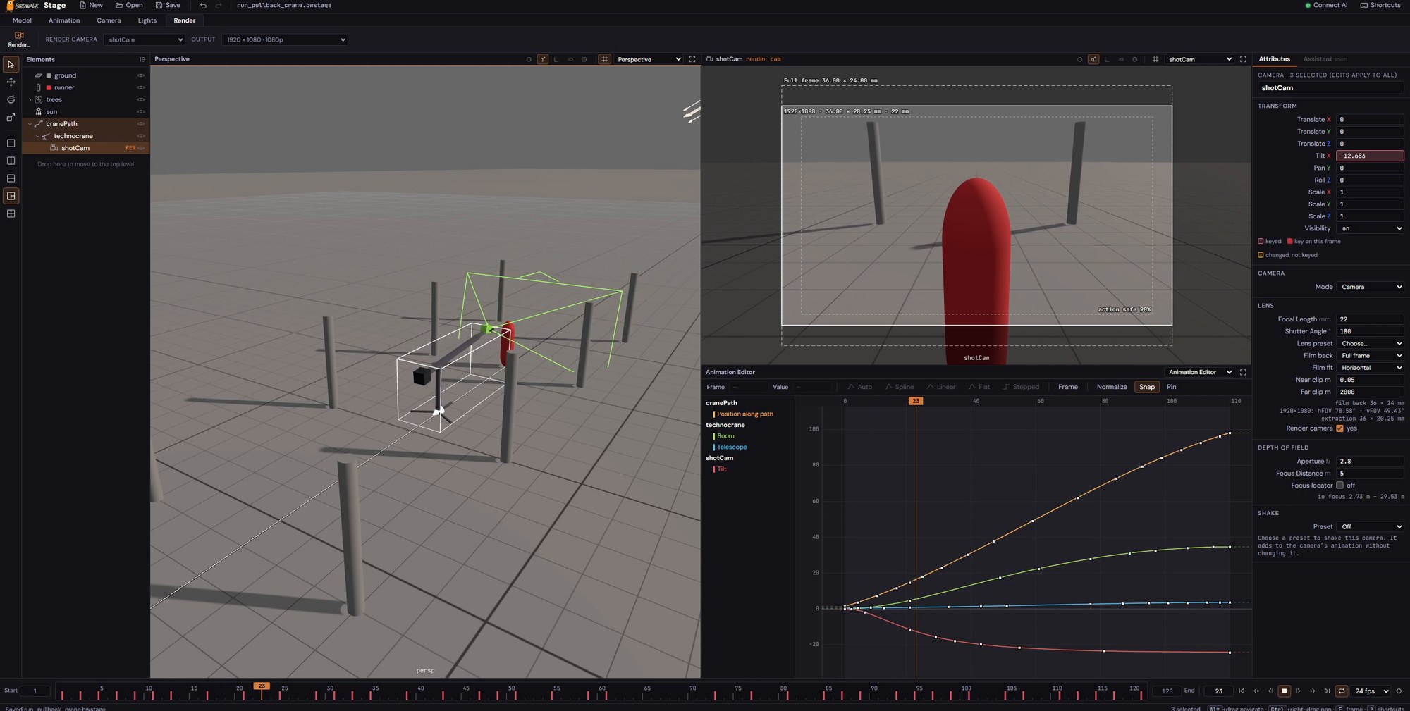 Birdwalk Stage: a 3D set with a Technocrane rig, the shot camera's view and the animation editor